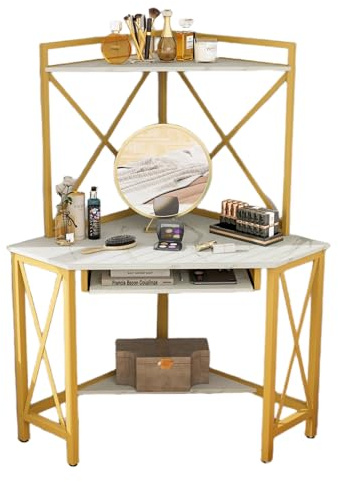 LIFEZEAL Scrivania triangolare, tavolo per computer con ripiani e vassoio per tastiera, scrivania angolare con presa e porta di ricarica USB per ufficio e studio (bianco)