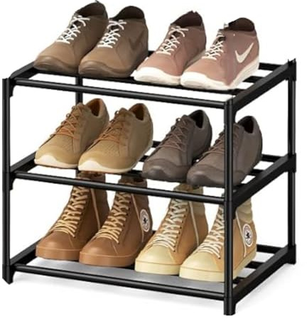 Flosvotals 3 Tier Shoe Rack,Space Saving Shoe Storage Organiser,Metal Storage Rack, Easy Assembly & Strong Design, Stackable Shoe Shelf, for Hallway, Living Room, Bedroom,Black, XJ123