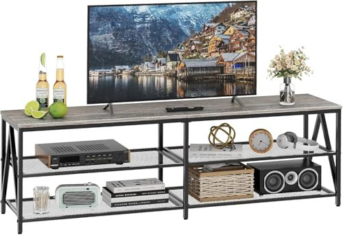 TV-Schrank, Fernsehtisch, Lowboard für Fernseher bis zu 70 Zoll, Fernsehschrank mit 3 offenen Fächern, TV-Regal für Wohnzimmer Schlafzimmer, 160 x 40 x 50 cm, Industrie Design, Stahlgestell, Grau