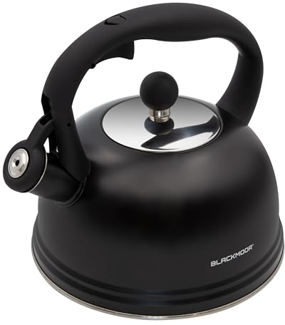 Blackmoor Callisto 2.5L Whistling Kettle for Gas Hob/Stove Top Kettle for Induction, Gas, Electric, Halogen/Stainless Steel with Spout, Lid and Rounded Handle (Black)