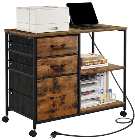 WOLTU Aktenschrank mit Ladestation, Rollcontainer mit Schubladen, Büroschrank, Druckertisch mit Rollen, offenen Ablagen, aus Metall Holzwerkstoff,Vintagebraun, ASK07shm