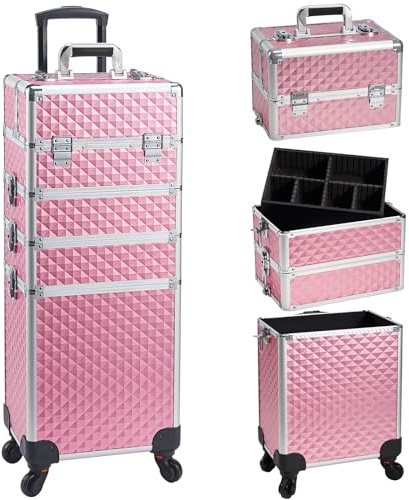 Faquenc Professional 4 in 1 Rolling Makeup Train Case with Wheels Cosmetic Trolley and Cosmetology Cart Trunk for Makeup Artists Hairstylists Nail Techs and Salons Large Capacity Pink