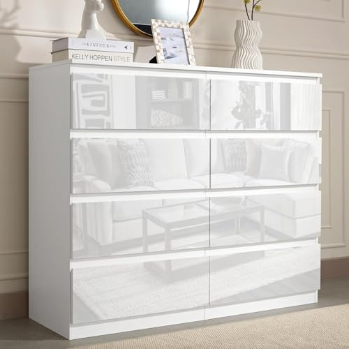 LSBIKE High Gloss Chest of Drawers Bedroom Modern Chest of Drawers Bedroom Drawers 6 7 8 Drawer Storage Cabinet for Living room Hallway Furniture (White, 8 drawer)
