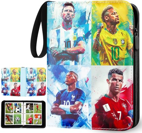 Album de cartes à collectionner de football - 4 compartiments - Avec fermeture éclair et 50 pages amovibles pour 400 cartes - Grand carnet pour cartes - En polyuréthane avec surface imperméable