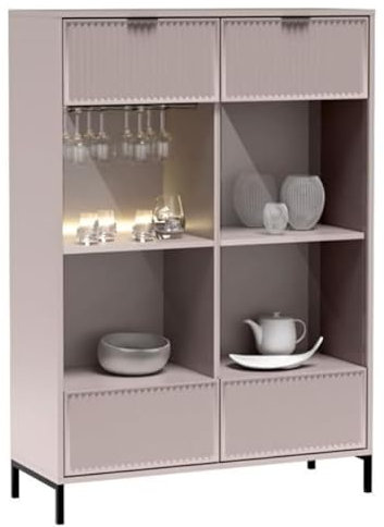 MINIO go for it - Kommode ASTI, 104.8 x 150 x 40.6 cm, Stehend Glas Vitrine mit LED Beleuchtung, Fachböden und Schubladen, Ideal für das Wohnzimmer - Kaschmir