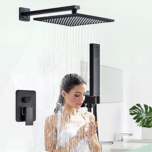Mezclador de ducha Rainfall de bronce negro y ducha de mano montado en la pared de la ducha de imitación grifo de ducha incrustada Válvula de caja,Cabeza de ducha de 12 pulgadas,Cabeza de ducha de 12