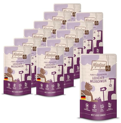 MjAMjAM - Cibo umido premium per gatti - Quetschie Puro godimento di carne - delizioso cinghiale puro, confezione da 12 (12x125g), senza cereali