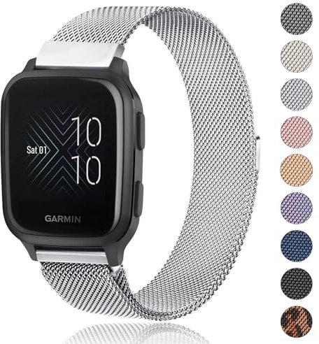 Amzpas Garmin Armband 20mm für Garmin Venu/Venu 2 Plus/Venu Sq/Venu Sq 2 Music Damen Herren,Edelstahl Mesh Metall Ersatzarmbänder für Garmin Venu Sq 2(Silber)