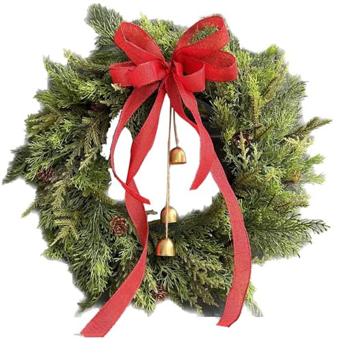**Weihnachtskranz Dekoration** | Künstlicher Kieferngrüner Kranz mit Kuhglocke und Schleife Girlande - Eingangsdekoration