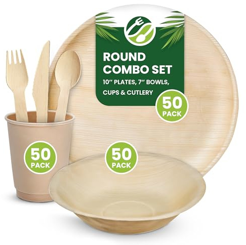Eco Leaf 300pcs Disposable Palm Leaf Plates, Bowls, Cups and Wooden Cutlery Set – Includes 50 Round Plates, 50 Bowls, 50 Cups, 50 Forks, Knives and Spoons – Eco-Friendly, Compostable for Parties