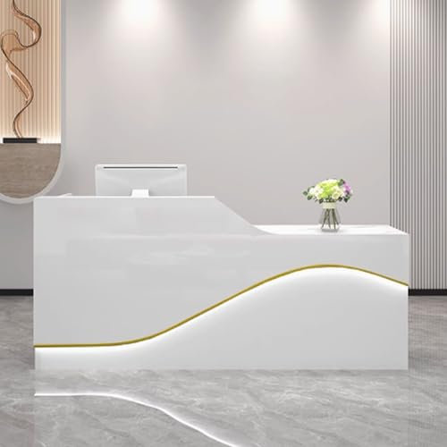 Moderner Empfangstresen mit Stauraum, stilvoller Thekentisch für das Front Office, Empfangstresen aus Holzwerkstoff für kleine Unternehmen – 1,4 m, Weiß- und Gold-Finish