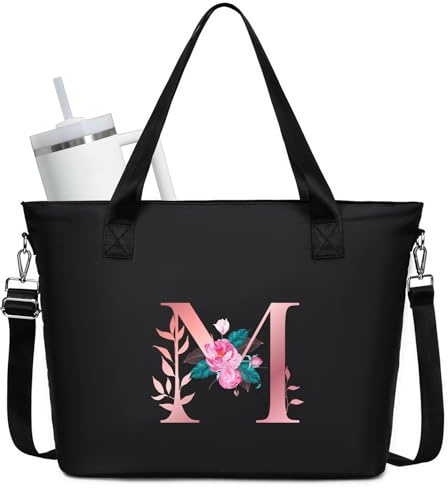 JANSBEN Groß Shopper Handtasche Damen mit Personalisierte Initialen Umhängetasche mit 15,6 Zoll Laptopfach & Stanley Cup Taschen Schultertasche mit Reißverschluss Tote Bag für Arbeit, Reisen, Schwarz