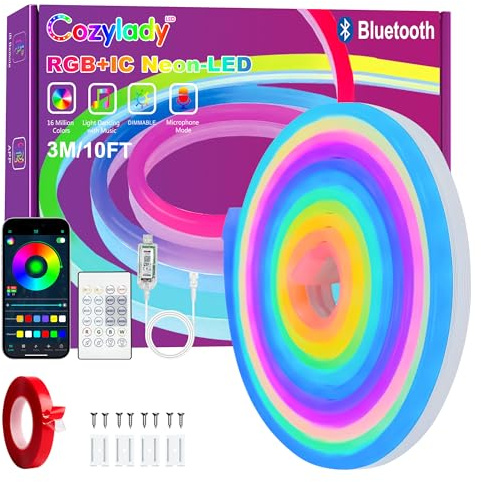 Cozylady Tira de luces LED de neón RGB, con mando a distancia, control de aplicaciones, tira impermeable flexible RGB, 24 V, cinta de neón LED para dormitorio, decoración de interiores (3 m/10 pies)