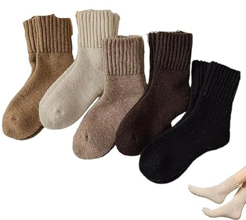 5 Pairs Women's Solid Mid-Calf Socks, Winter Wool Warm Thick Knit Fuzzy Solid Slipper Socks, Warm Stylish Winter Thick Wool Long, Soft Thick Woman Bed Sock, Thick Warm Knitting Thermal Socks for Women