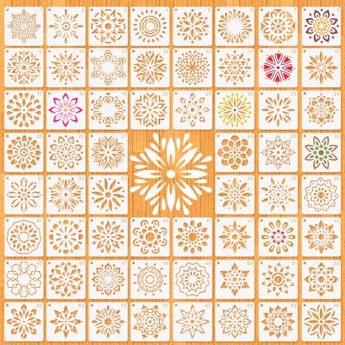 MWOOT 60 Stück Mandala Schablonen, Wiederverwendbare Malvorlagen Kits, Schablonen Wandgestaltung, Geeignet zum Bemalen von Steinen, Leinwand, Möbeln und Handwerksprojekten (5x5 CM)
