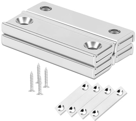 Neosmuk Bar Magnets with Screws, 70lbs Strong Neodymium Disc Magnet with Holes,Cup Magnet with Mounting Hole Heavy Duty, Rectangular Rare Earth Magnetic High Strength,Silver 4 Pack