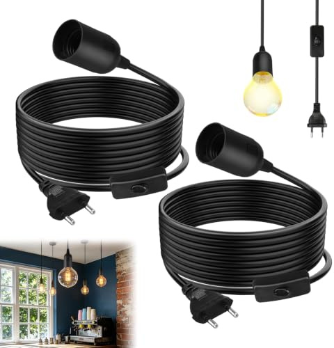 Pretify 2 Stück E27 Lampenfassung mit Kabel und Schalter, E27 Lampensockel mit 1.8M Netzkabel und EU Stecker, E27 Adapter für Lampenaufhängung Pendelleuchten Deckenleuchten DIY Lampen(Schwarz)