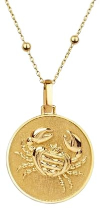 WORLD WIDE GEMS Collar con colgante de moneda grabada del signo del zodiaco Cáncer de 24 mm con cadena tipo cable de 45 cm | Plata de ley chapada en oro | Joyería de regalo unisex | WW_PNDN_1924