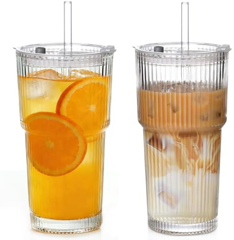 katmerio 2 Stück Trinkbecher mit Deckel und Strohhalm aus Glas, 600ml Mehrweg Trinkbecher, Auslaufsichere Eiskaffee Gläser, Latte Macchiato und Smoothies, Kaffeegläser und Teegläser Set
