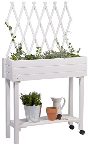 dobar® 58186e rullbar upphöjd säng med spaljé | planteringslåda på hjul | blombädd av massivt trä | smal örtbädd för trädgård/terrass/balkong | 79 x 28,5 x 130 cm | vit