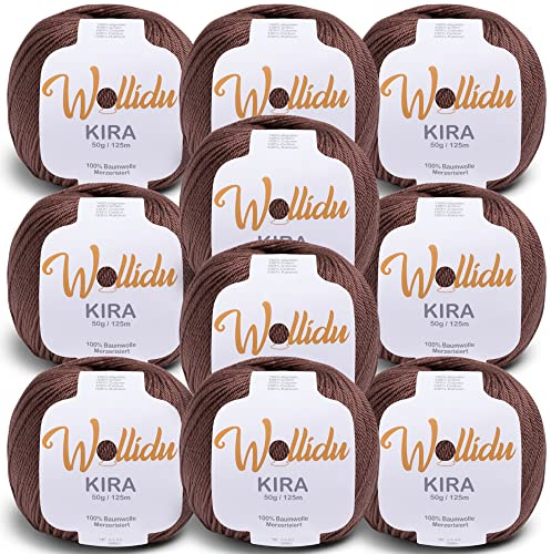 Wollidu Kira 100 % bomull för stickning och virkning, 10 x 50 g set med virkgarn/stickgarn – brun