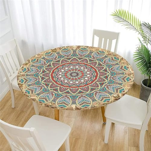 FANSU Tischdecke Rund 90cm Abwaschbar, Grün Mandala Elastisch Rund Tischdecken Modern Wasserdicht Fleckschutz Tische Gartentischdecke für Outdoor Küche