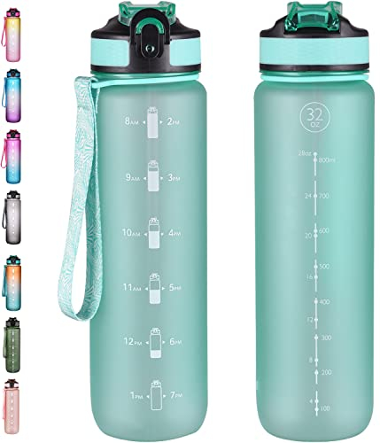NAVTUE 1L Water Bottle with Straw, Sports Drinks Bottle with Time Markings, Leak Proof, Tritan BPA Free for School/Cycling/Running Mint Green