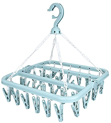 Sockentrockner Wäscheständer, Unterwäsche Kleiderbügel with 32 Clips, Faltbarer Wäscheständer Winddichter Aufhänger, Trockengestell Socken für Unterwäsche Babykleidung Kleine Wäscheartikel (Blau)