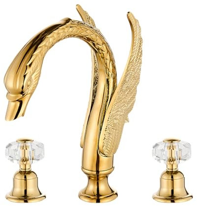 Golden Ornate Swan Style Bathroom Sink Faucet Combo Deck Mount Sink Mixer Tap Set Hot Cold Water