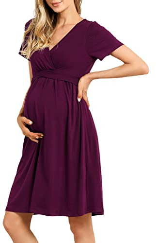 KOJOOIN Premaman Abito maternità Abito Allattamento Abiti Gravidanza Manica Corta Scollo a V Vestito Casual Pieghe Borgogna L