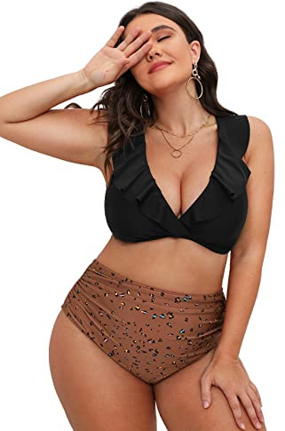 CUPSHE Damen Große Größen Bikini Set V Ausschnitt Volants Lace Up High Waist Bauchweg Zweiteiliger Bikini Leopardenmuster Plus Size Curvy Bademode Swimsuit 2X=XXL