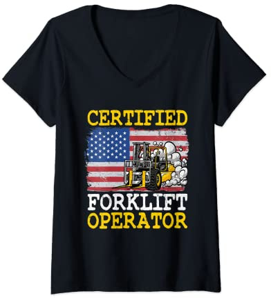 Donna Operatore certificato del carrello elevatore della bandiera americana del magazzino Maglietta con Collo a V