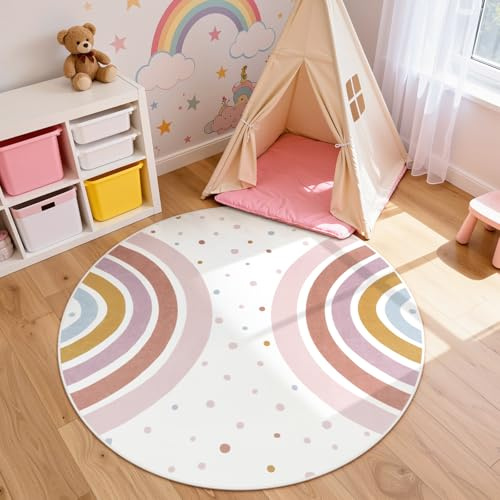 STARUIA 4' Boho Rainbow Round Rug for Nursery, Playroom & Bedroom, Non-Slip, Machine Washable, Unisex Kids Rug