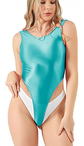 SOFSOT Damen High Cut Thong Aerobic Gymnastikanzug Glänzend Einteiler Badeanzug, Blaugrün, XL