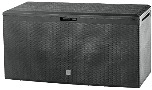 KADAX Gartenkiste, 114x47x59,4cm Aufbewahrungsbox aus Kunststoff, 290L Gartentruhe mit Griffen und Verschluss, Gartenbox für Aufbewahrung von Kissen (290L, Anthrazit)