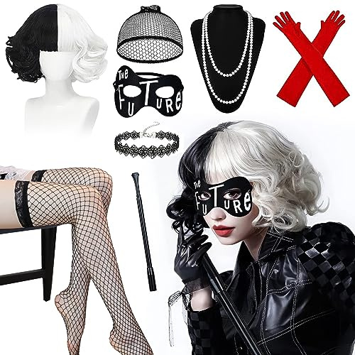 Cruella Kostüm, Halloween Outfit für Damen, 70er Jahre Accessoires, Kurze Schwarz-Weiße Perücke mit Spitze Maske, Netzstrümpfe, Handschuhe Halskette Set für Fasching