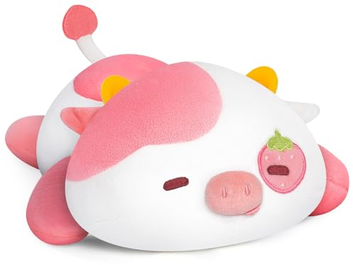 Mewaii Peluche Mucca Fragola che Respira Kawaii Cuscino Peluche Cute Giocattoli Abbraccio Peluche Gigante Regalo per Bambini Ragazze 33CM
