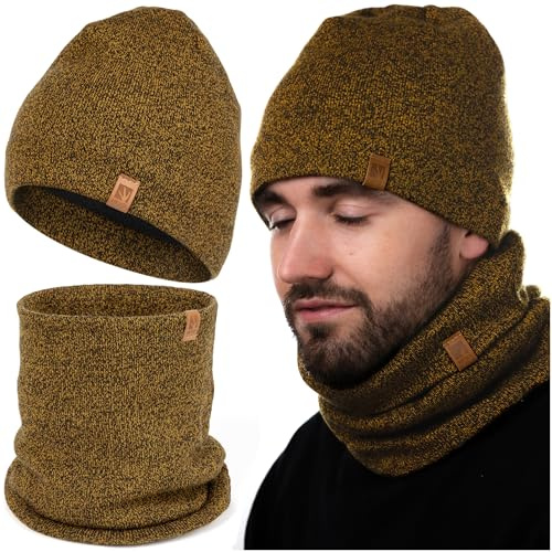 HEYO Herren Winterset Mütze Warme Strickmütze melliert Schlauchschal Rundschal Weiche Wintermütze Mit Thermo Fleece Gefüttert Loopschal Halswärmer 2er Set (Gelb)