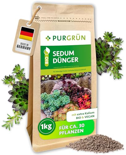 Purgrün® Bio-Sedum-Dünger 1 kg – Organische Rezeptur – Vegan & Bio – Feinkörniges Krümelgranulat – NPK 6+2+7 – Extra Magnesium für leuchtende Blattfärbung – Verbessert die Bodenqualität