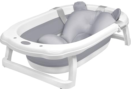 Aufun Bañera plegable para bebé ergonómica con pies antideslizantes para bebés y recién nacidos, incluye cojín de asiento de baño, plegable, ahorra espacio (gris + cojín de bañera)