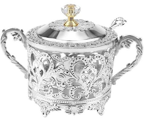 LNQ LUNIQI Türkische Zuckerdose aus Glas mit Deckel und Löffel, Vintage-Küche, Lebensmittelbehälter, Gewürzbehälter, Gewürzbehälter für Zuhause, Restaurant, Küche (Silber)