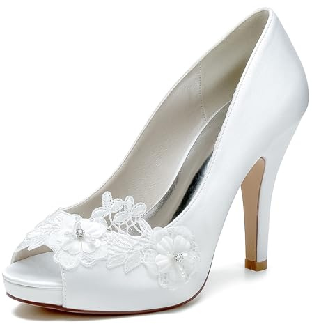 Brautschuhe Weiß, Pumps Damen, Frauen Offene Zehen Satin Braut Hochzeit Schuhe,Weiß,39 EU