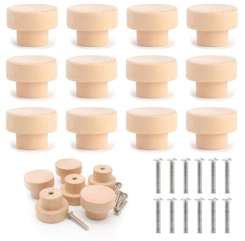 Uskerb Eco-Friendly Wooden Drawer Knobs - 12 Pcs Set with Screws, Round Handcrafted Cabinet Pulls for Home Decor