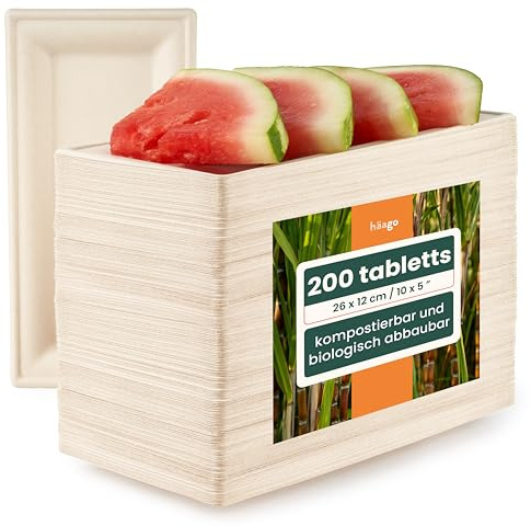 HAAGO 200 Strong Compostable Sugarcane Food Trays (26 x 12 cm) – Bagasse Rectangular Party Plates - Grease & Leak-Resistant Serving Plates, Disposable Platter for Canapés, BBQ, Buffet & Catering