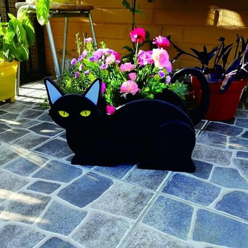 Flower Pots Outdoor Cat Planter Animal Decor Pots Cute Kitten Shaped Flower Pot Wooden Planter Boxes for Indoor Office Outdoor Home Garden Decoration Gift (Color : Black Cat)