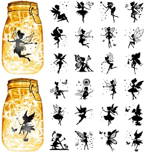 CREATCABIN 24Stück Feen-Silhouetten Für Einmachgläser,Dekor Aus PVC,Lasergestanzte Silhouetten,Engel-Ausschnitte,Scrapbook-Papp-Silhouette-Ornamente Für Gläser,Laternen,Milchglas,10x9cm,Ohne Aufkleber