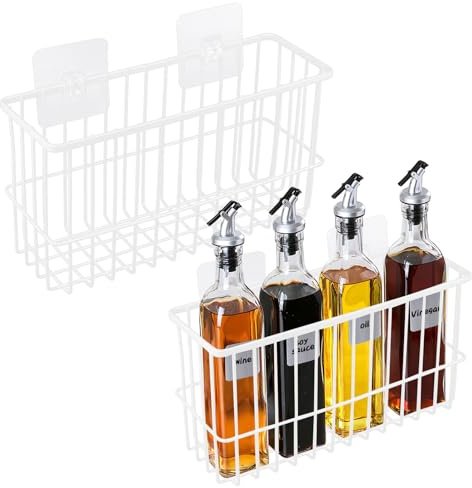 NZZVNZ 2 PCS Kitchen Cabinet Door Storage Box, Self Adhesive Wall Storage Baskets White Cabinet Door Storage Organiser with 4 PCS Adhesive Hook for Cupboard Bathroom Fridge (2 Sizes)