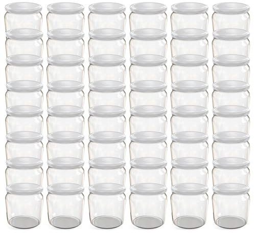 Oputec Lot de 48 bocaux de 360 ml avec couvercle à visser blanc – Parfaits pour les confitures, les confitures et plus encore, bocaux de conservation avec couvercle, parfaits comme pots à confiture et