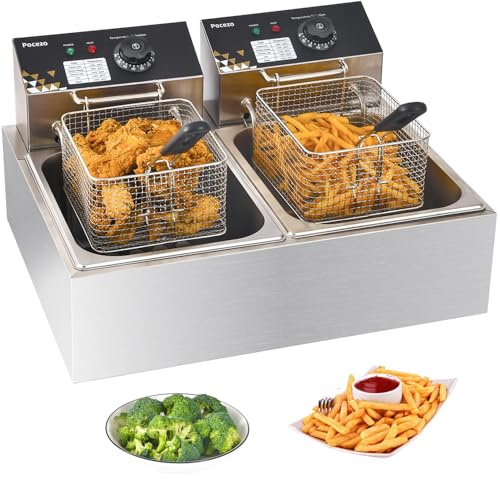 Electric Deep Fryer 17.2L/18.2QT Stainless Steel Dual Tank Commercial Fryer with Basket, 3400W 110V Countertop Deep Fryer for Home Kitchen and Restaurant Use with Oil Thermometer & Temperature Control