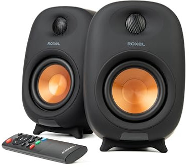 Roxel Eclipse - Altavoces activos para estantería, potencia RMS, transmisión inalámbrica BT 5.3, HDMI ARC, entrada óptica, cable de altavoz de 3 metros, sonido dinámico para películas, música,